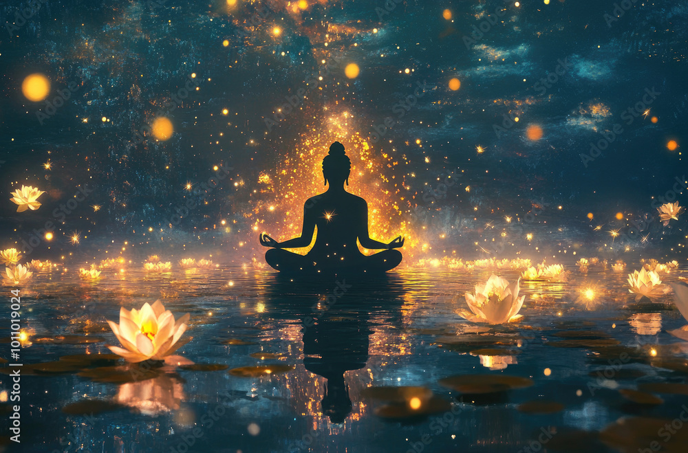 Wall mural A person meditating in a lotus position on the water, surrounded by glowing fireflies and floating flowers.