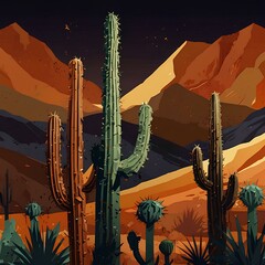 Abstract Cactus and Mountain Landscape – Dark Orange and Light Amber American Regionalism