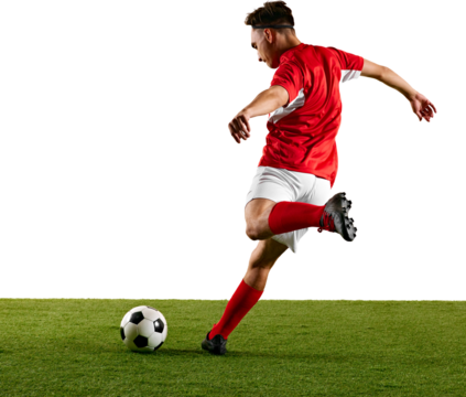 Focused sportsman, dressed in red and white, performing dynamic strike on ball during football training against transparent backdrop. Concept of championship, sport events, final game. Ad - Powered by Adobe