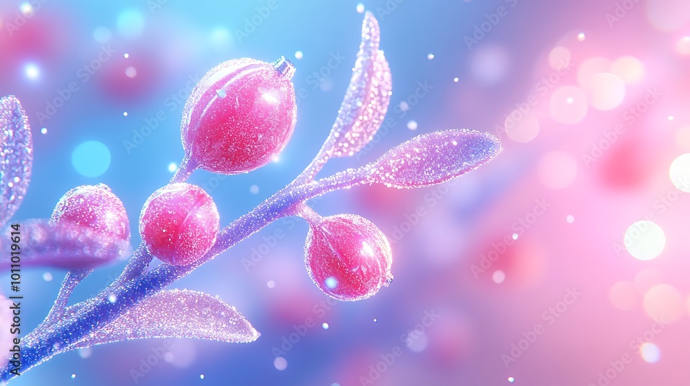 Poster a close-up of a frost-covered branch with red berries against a blurred background of pink and blue 