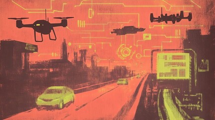 Obraz premium Collage of AI in transportation including autonomous systems, drones in flight, self-driving cars on highways, and robots in warehouses connected by glowing data networks that crisscross the sky.