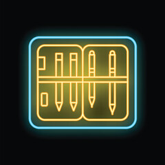 Bright yellow neon icon of a pen and pencil case is glowing on dark background