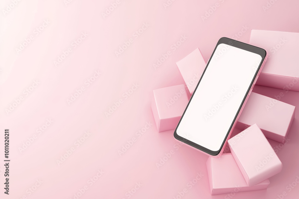Aufkleber a smartphone with a blank screen placed on pink blocks against a soft pink background, showcasing a 