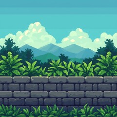 A vibrant digital landscape featuring lush greenery, a stone wall, and distant mountains under a clear blue sky.