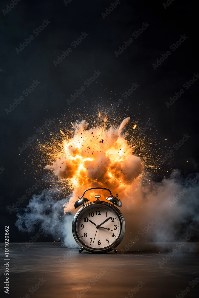 Wall mural exploding analog alarm clock on a black background with copy space above. deadline concept - vertica