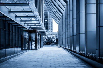 Contemporary Urban Pathway Flanked by Sleek Glass Structures