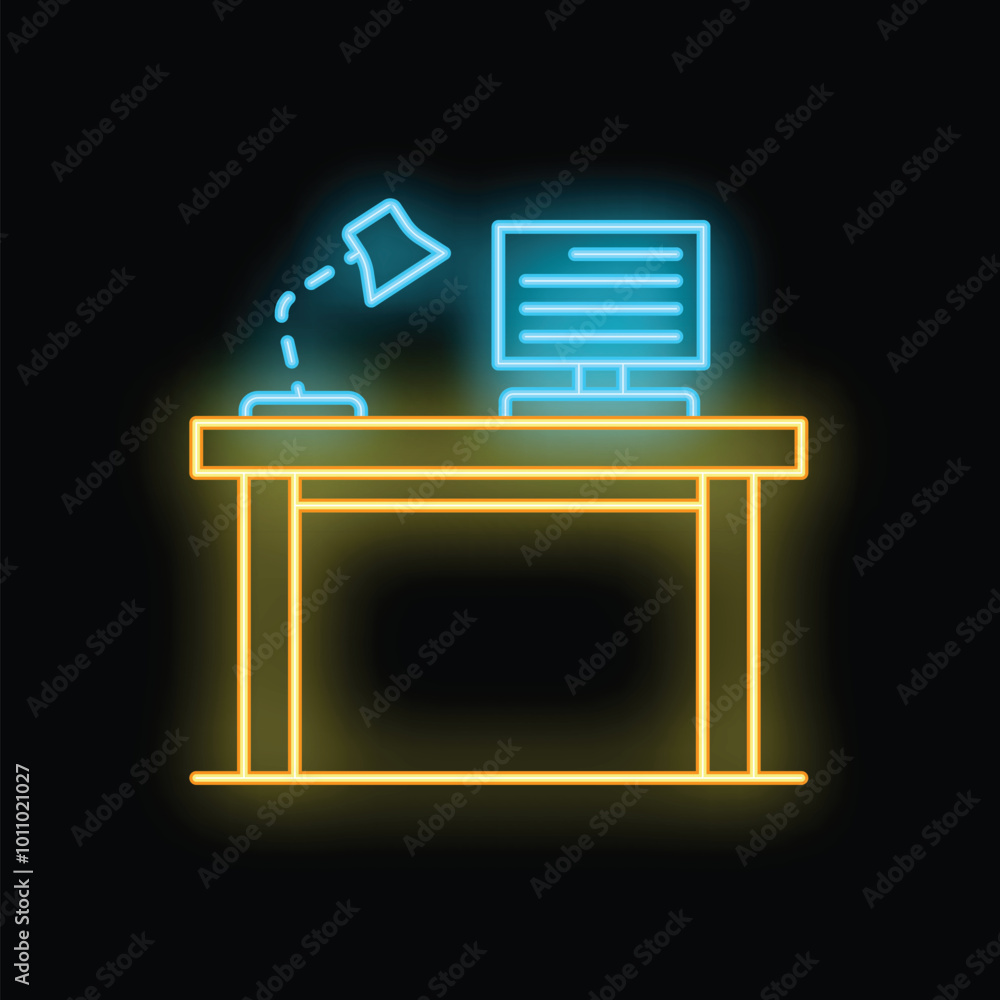 Poster neon illustration of a home office setup featuring a desk with a computer and a lamp, glowing agains
