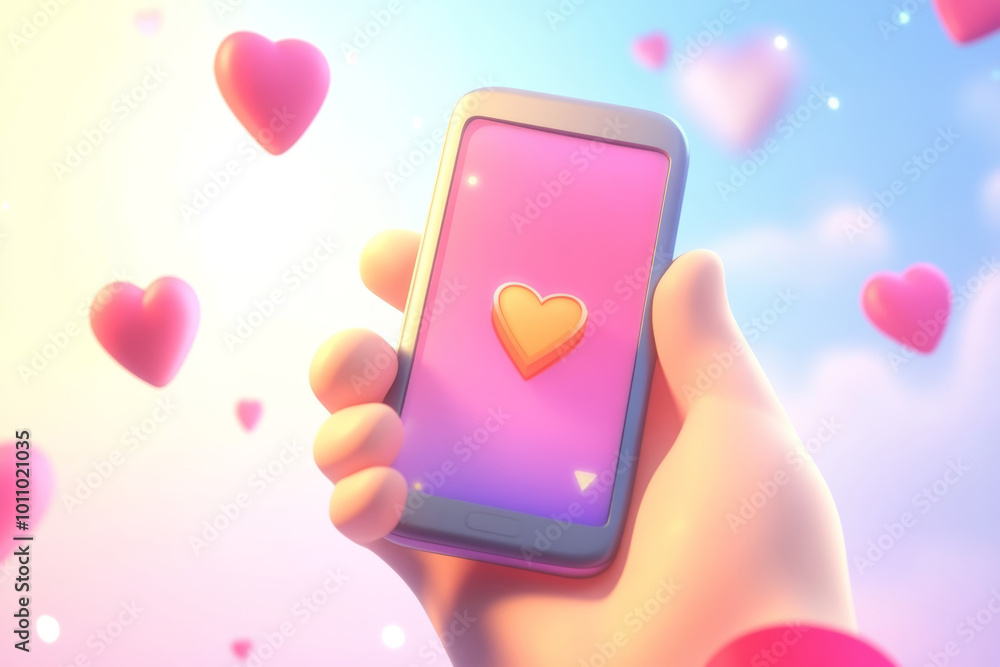 Poster a hand holds a smartphone displaying a heart symbol against a pastel background filled with floating