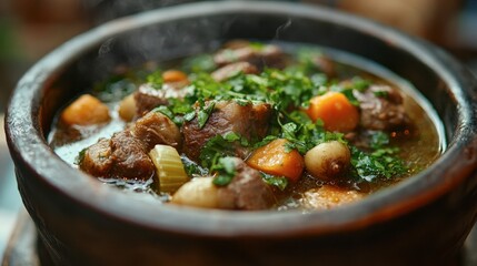 A close-up of a steaming bowl of Northern-style soup filled with fresh herbs, root vegetables, and chunks of meat, highlighting the dish's comforting nature.