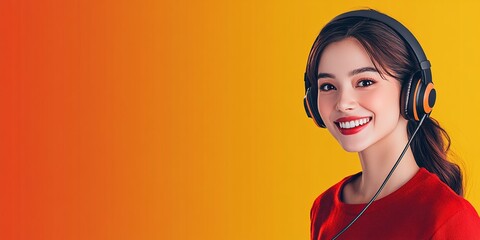 young woman in a call center, wearing a headset with mic, smiling and engaging in customer service and CRM, telemarketing and client support, providing help desk solutions with mockup space