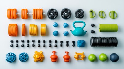 Colorful Home Gym Equipment Flat Lay   Fitness  Workout  Exercise  Weights  Dumbbells  Ket