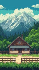 Obraz premium A charming wooden house nestled among lush greenery with a backdrop of majestic mountains and a bright blue sky.