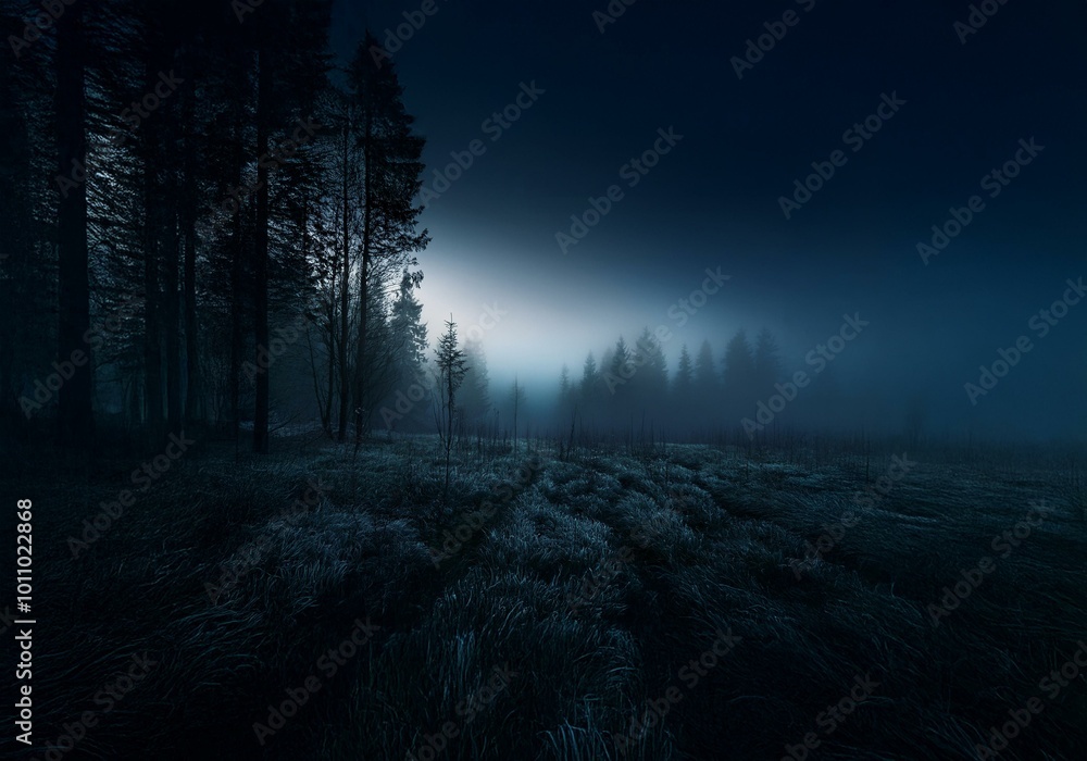 Poster a dark, foggy forest at dusk with tall trees silhouetted against the hazy sky.