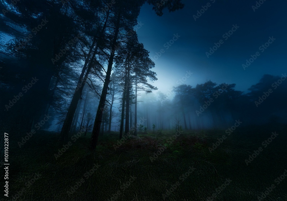 Poster a mysterious forest shrouded in fog at twilight.