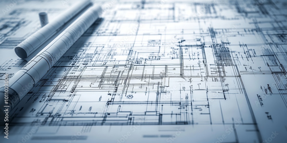 Poster detailed architectural blueprints rolled on a table, showcasing precise design elements.