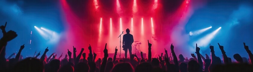 A vibrant concert scene with illuminated stage lights and energetic crowd raising hands in excitement.