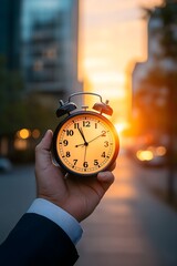 Time running out, hand holding a vintage alarm clock. business concept. deadline concept