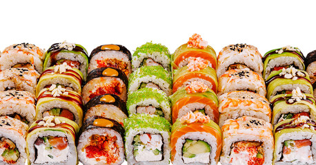 Big sushi set with various kinds of maki rolls isolated on white background © AntAlexStudio
