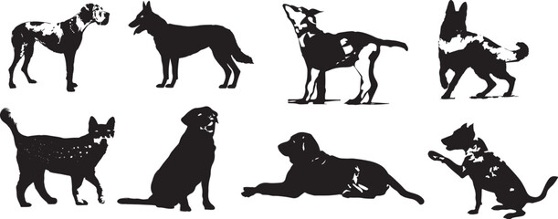 Flat design dog various movements, dog species silhouette set