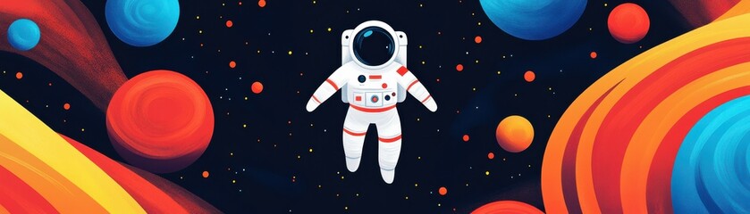 A vibrant illustration of an astronaut floating in space, surrounded by colorful planets and swirling cosmic patterns.