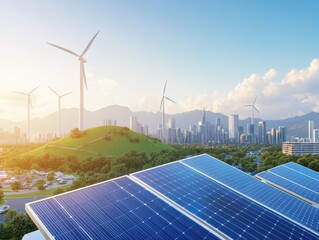 A vibrant landscape showcasing solar panels and wind turbines against a city skyline, representing renewable energy and sustainability.