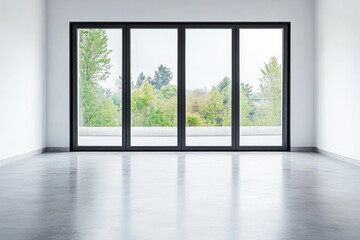 Obraz premium Modern, empty room with a polished concrete floor and large four-panel glass window offering a view of lush greenery outside