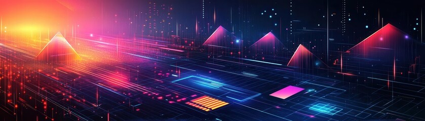 Fototapeta premium A vibrant digital landscape featuring glowing geometric shapes and bright neon colors, ideal for technology and futuristic themes.