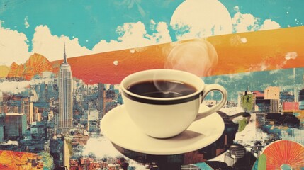 Morning coffee brightens the day in a comic-style collage with modern design flair. 