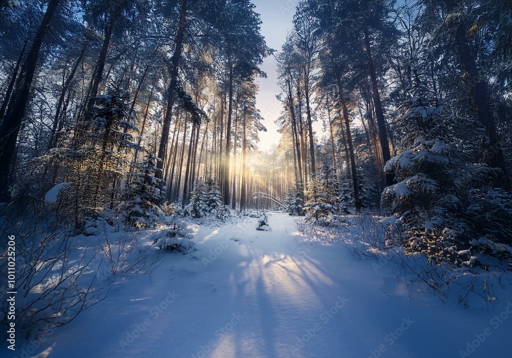 Poster sunlight streams through a snowy forest, casting long shadows on the pristine white landscape.