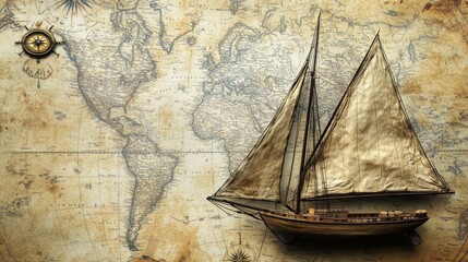 Old sailboat and compass overlay on a weathered map, evoking sea voyages and exploration.