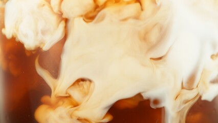 Macro Shot of Milk Mixing with Coffee Drink in Detail.