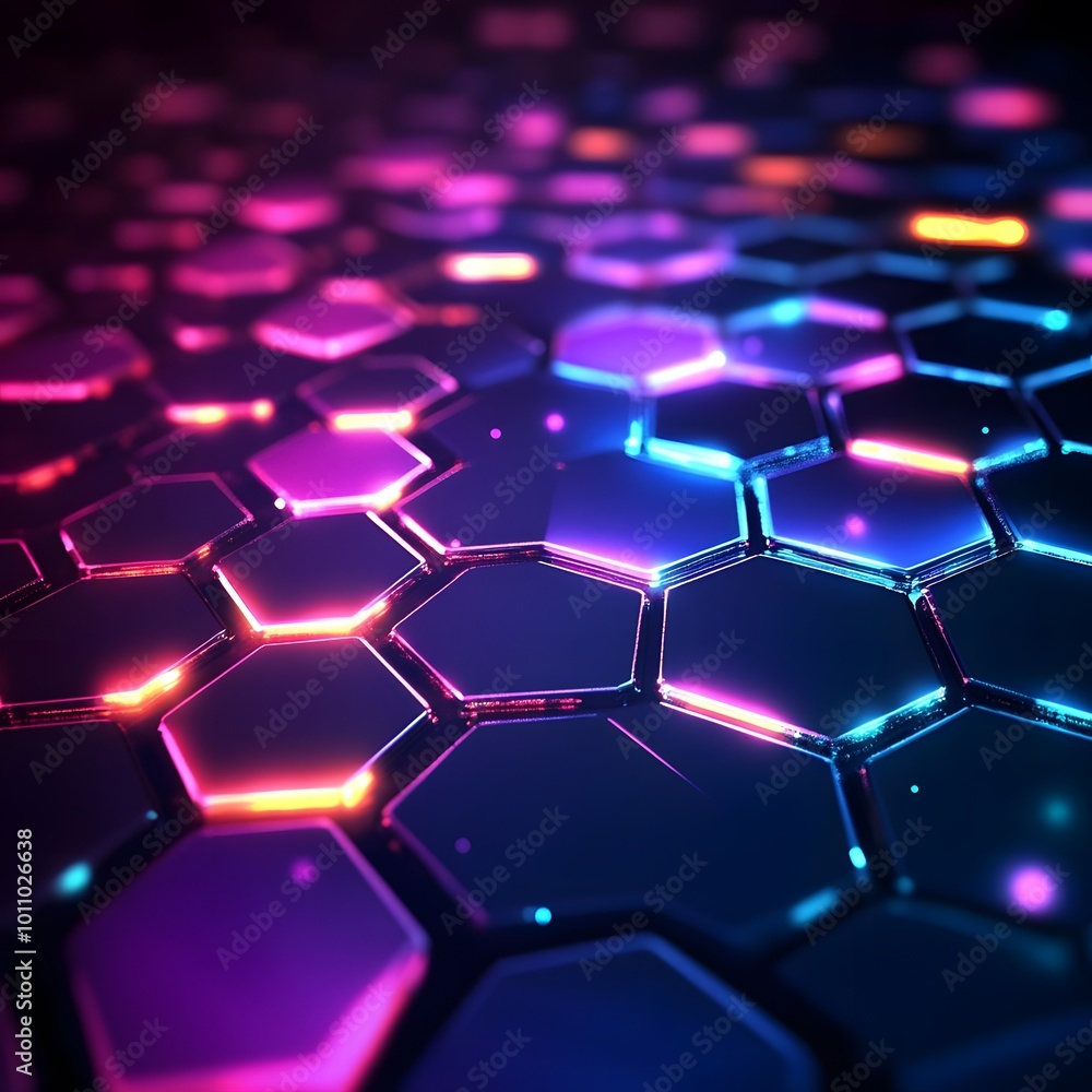 Poster abstract background with glowing lights hexagon, generative ai