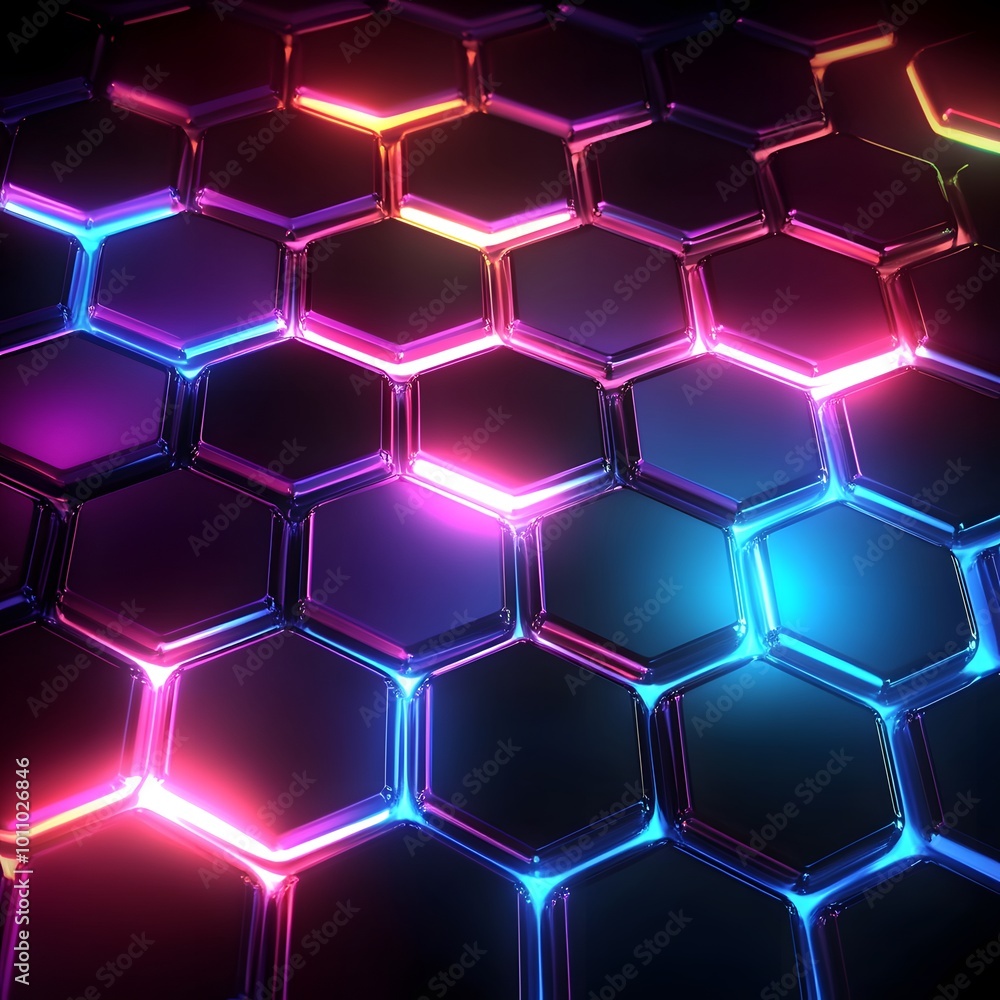 Poster abstract background with glowing lights hexagon, generative ai