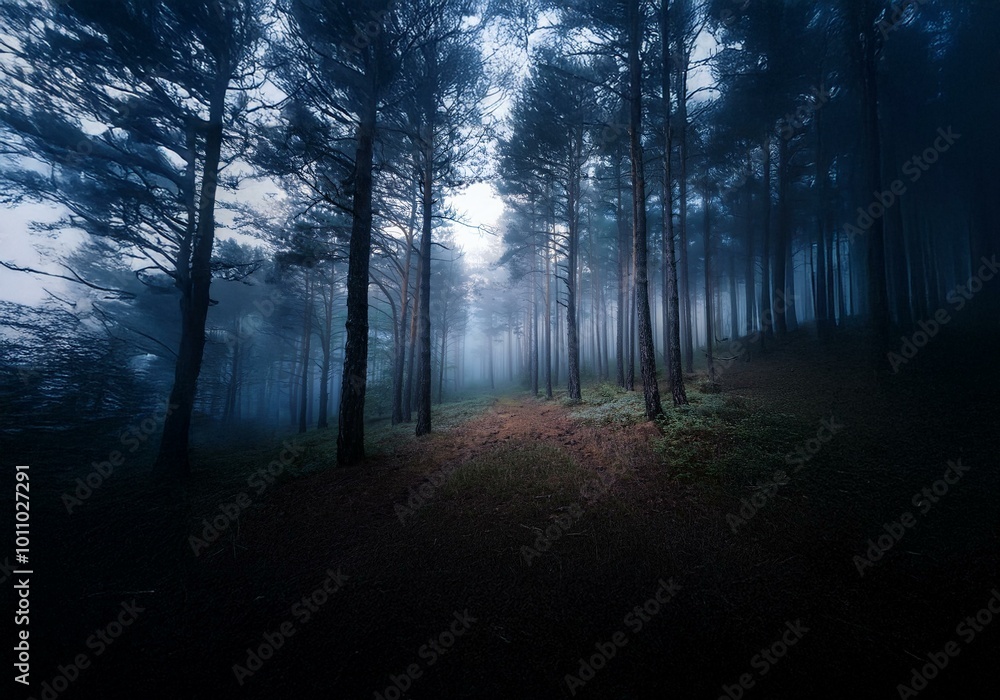 Poster a dense, foggy forest with tall trees, a path, and a hint of sunlight.
