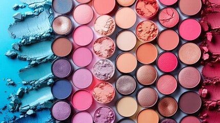 The background includes eyeshadow palettes on pastel background