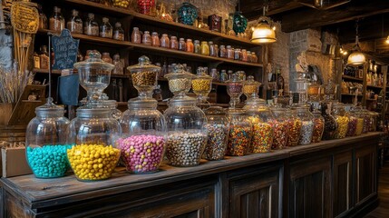 A nostalgic scene of an old-fashioned sweet shop, with jars filled with colorful sweetmeats and a welcoming atmosphere.