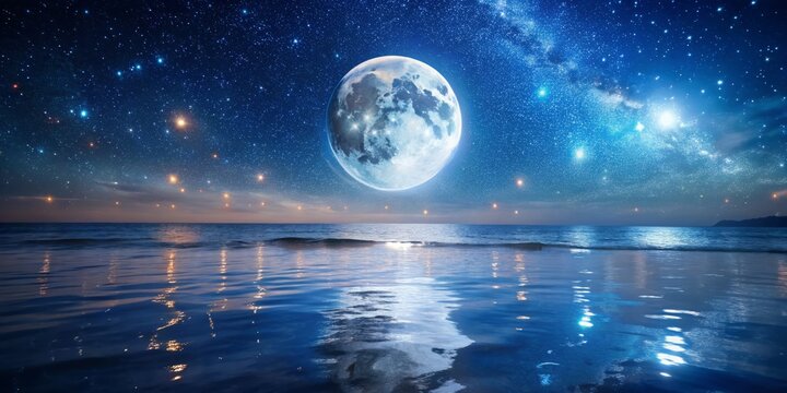 Una notte incantevole sotto un cielo stellato, con la luna piena che si riflette sul mare tranquillo, creando