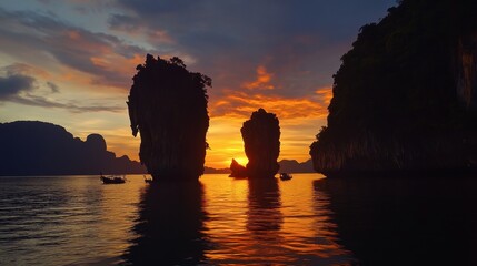 A picturesque sunset over James Bond Island, with its unique rock formations silhouetted against a vibrant sky, creating a serene atmosphere.