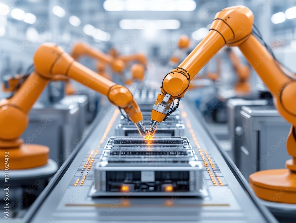 Poster advanced robotics in a factory assembly line, showcasing precision and automation in modern manufact