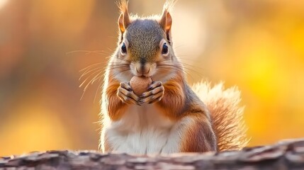 Fototapeta premium A close-up of a squirrel holding a nut, set against a warm, blurred background of autumn colors.