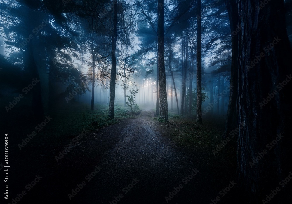 Aufkleber A misty path winds through a dense forest, illuminated by a faint glow of sunlight filtering through the trees.