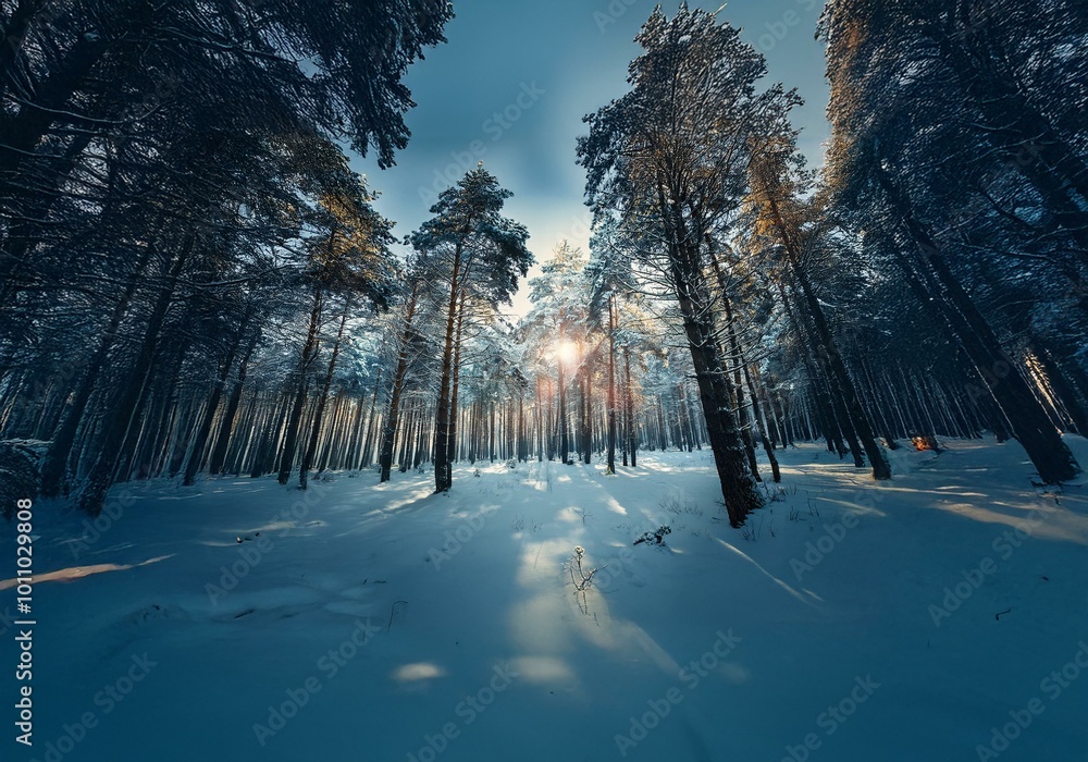 Poster a snowy forest path lined with tall, snow-covered trees. the sun shines through the branches, castin