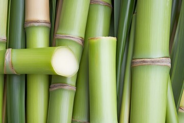 Fototapeta premium Fresh sugarcane stalks, vibrant green, showcasing their natural structure and texture. Perfect for juicing or culinary use.