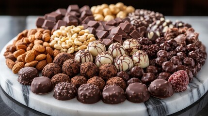 Fototapeta premium A rich display of chocolate-covered sweetmeats with a sprinkling of nuts, served on a marble platter.