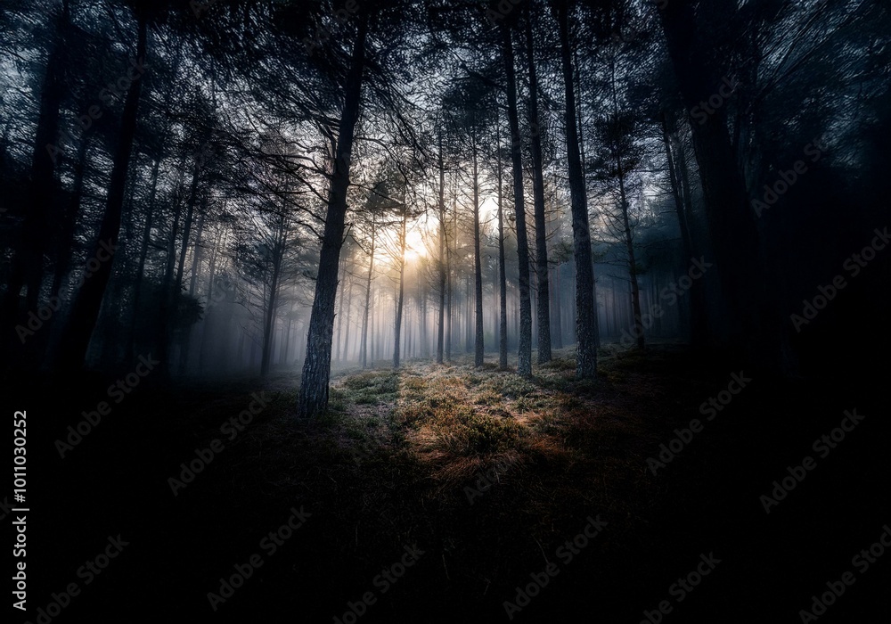 Poster sunlight peeks through the dense canopy of a foggy forest.