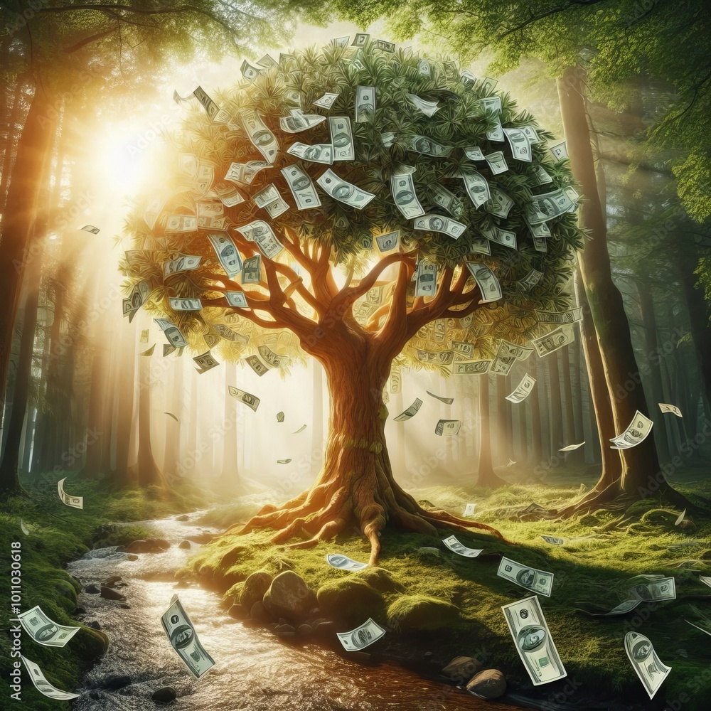 Poster a conceptual image of a tree with money as leaves, set in a serene forest. sunlight filters through 