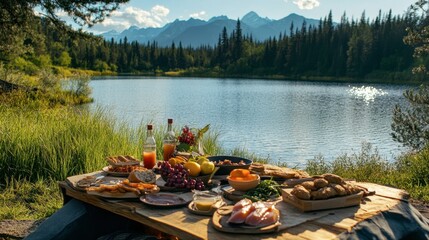 Obraz premium A scenic picnic spot by a lake featuring Northern food favorites like smoked salmon, crusty bread, and seasonal fruits.