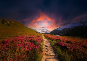 A winding stone path leads through a field of pink wildflowers toward a snow-capped mountain peak. The sky above is a vibrant orange and pink.