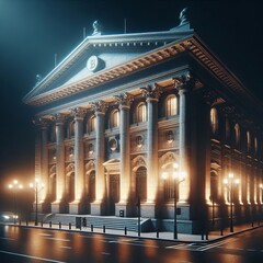 Fototapeta premium A grand, classical-style building brightly lit at night, set against a cityscape. The image highlights architectural elegance and the serene beauty of urban life after dark. Ideal for concepts of