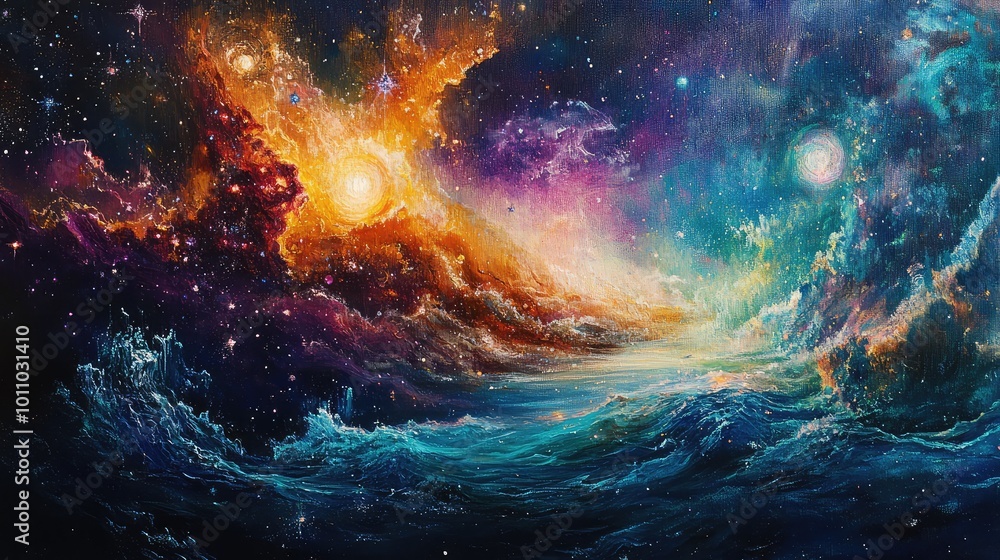 Poster a cosmic landscape where stars collide and explode in a burst of color and light, creating a breatht